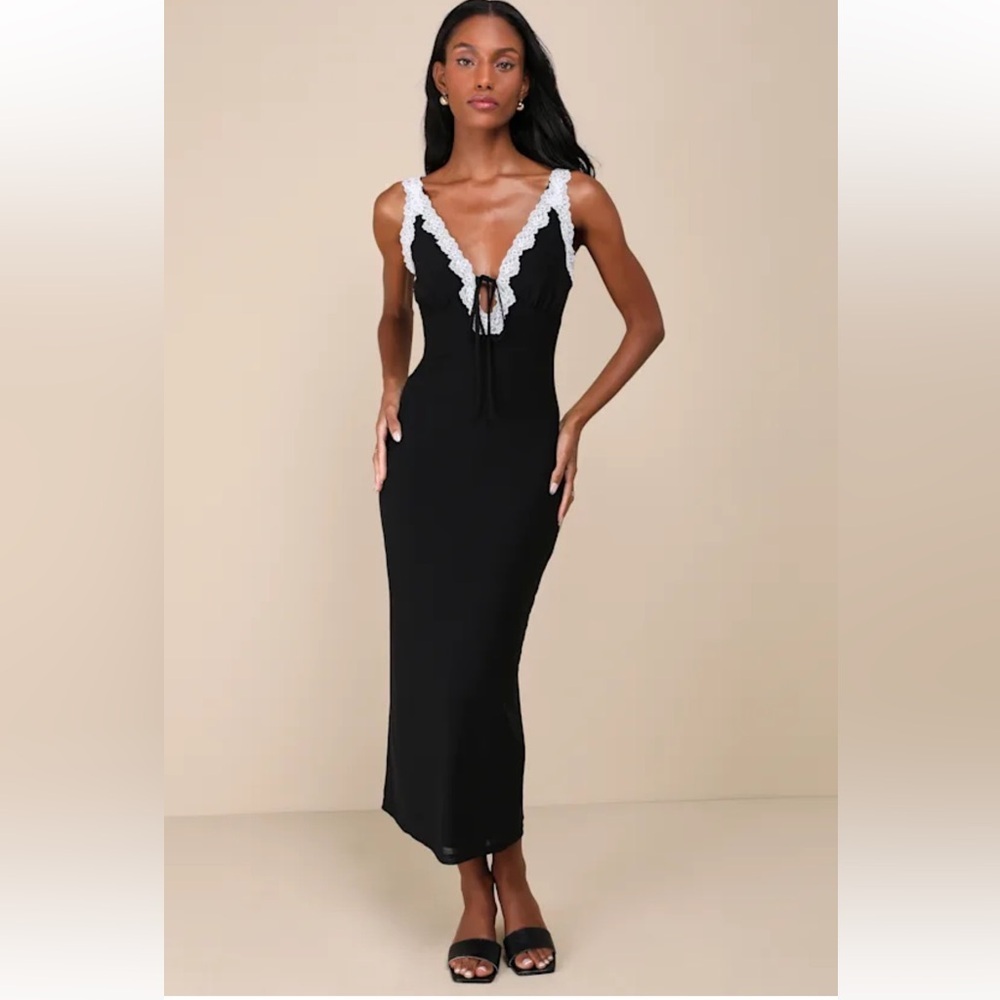 Lulu's Ray of Charm Black Mesh Lace Sleeveless Midi Dress